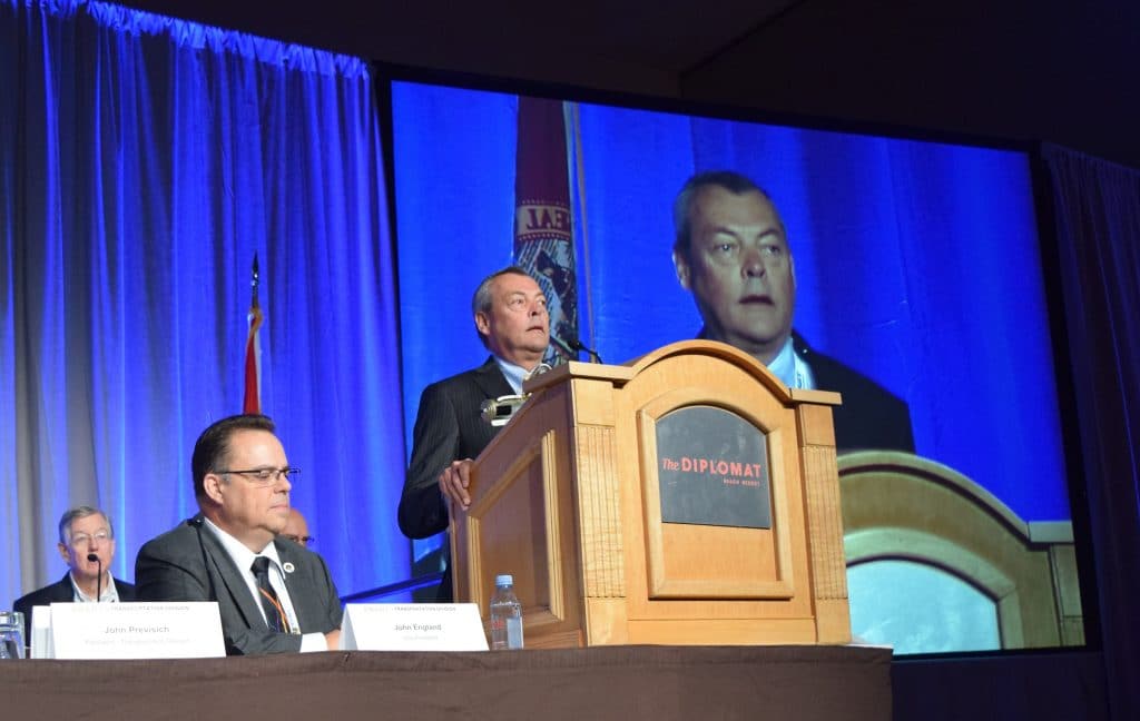 SMART Transportation Division President John Previsich addresses the opening session of the Transportation Department Regional Meeting at the Hilton Diplomat Resort on Monday, Aug. 6, in Hollywood, Fla.