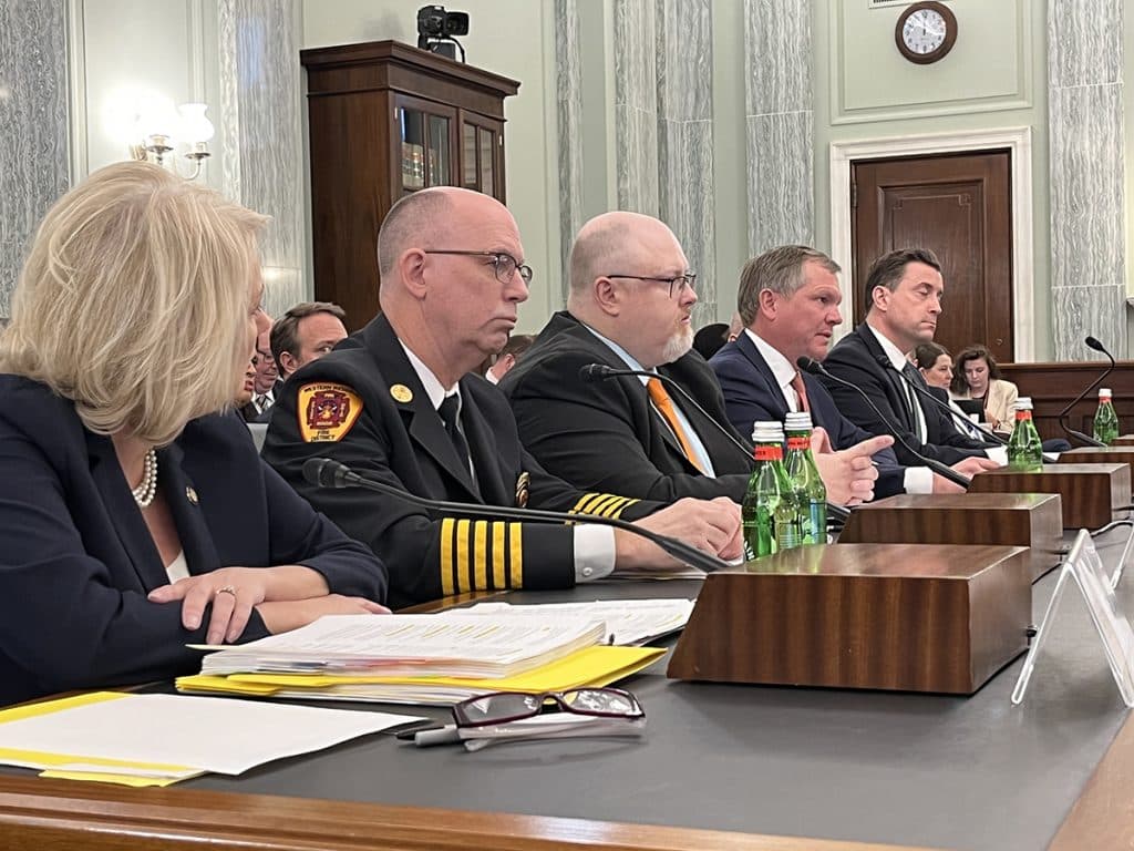From left, National Transportation Safety Board Chair Jennifer Homendy; David Comstock, chief of the Ohio Western Reserve Joint Fire District; SMART-TD Ohio State Legislative Director Clyde Whitaker; Norfolk Southern CEO Alan Shaw and Association of American Railroads CEO Ian Jefferies appear March 22 before the U.S. Senate Commerce Committee in a hearing regarding rail safety.