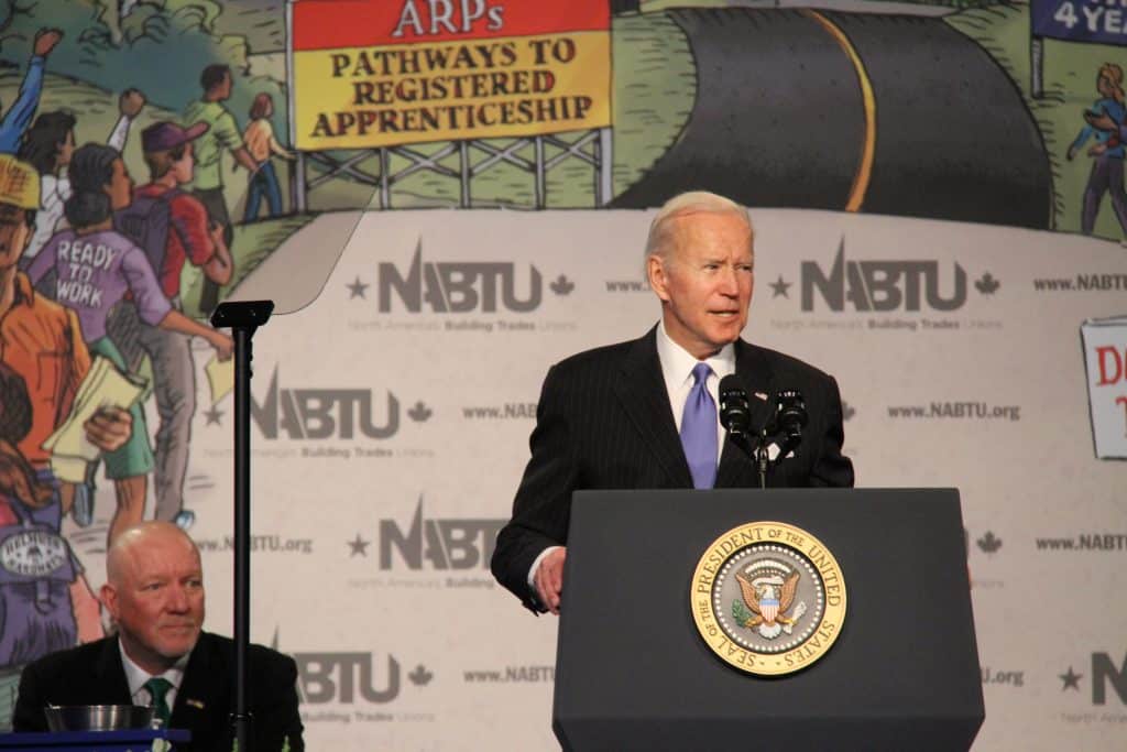 President Biden speaks union members at the 2022 NABTU Legislative Conference,